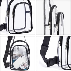 Clear PVC crossbody backpack featuring a transparent design with black zippers and adjustable straps. Includes a logo.