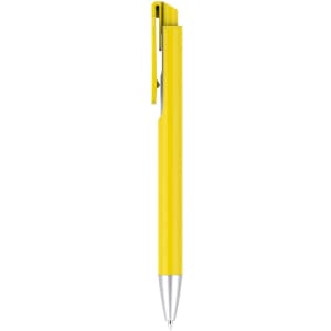 A yellow plastic pen with a silver tip and an attached clip, featuring a logo.