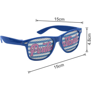 Blue sunglasses featuring a pinhole design with a pattern on the lenses. Measurements are 15cm wide and 4.8cm tall.