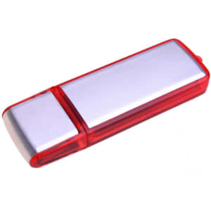 A red and silver flash drive with a metallic finish, featuring a sleek and compact design.