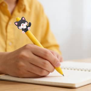 A yellow pen with a cute black and white cat design on the top, held in a person's hand over a notebook.