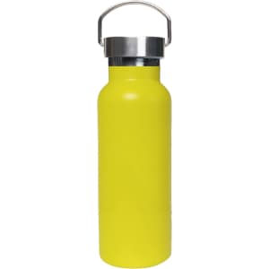 A drink bottle in bright yellow with a stainless steel lid and a handle. Features a logo on the side.