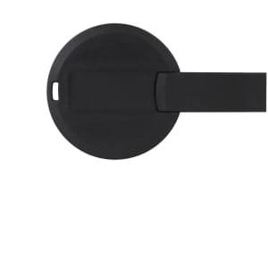 A round black flash drive with a swivel design, featuring a connector and a branding logo.