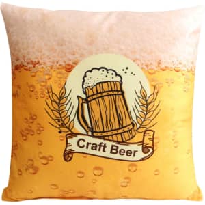 A square cushion featuring a design of a beer mug and foam on a yellow background, with a logo present.