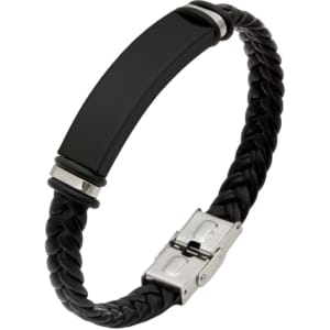 A braided black leather bracelet with a flat black centre piece and a silver clasp, featuring a logo.