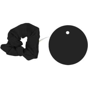 A black drink cover scrunchie alongside a round black tag, featuring a hole for attachment.