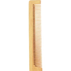 A short-handled beech wood comb with a natural wood finish and fine teeth. It features a simple design and a branding logo.