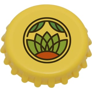 A drink bottle cap featuring a vibrant yellow design with a green logo and textured edges.
