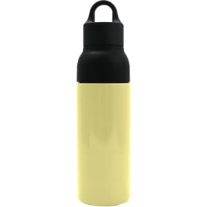 A drink bottle made of stainless steel with a glossy yellow body and a black lid. It features a logo.