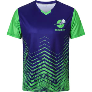 A purple and green unisex t-shirt with a sublimated design, featuring a logo and geometric patterns.