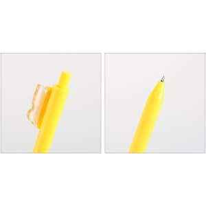 A custom acrylic pen in bright yellow with a clip and a pointed tip. It features a logo on the side.
