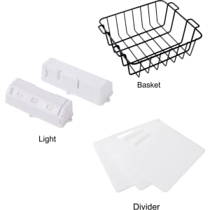 A lightweight white light, a black wire basket, and two white dividers arranged in a compact layout.