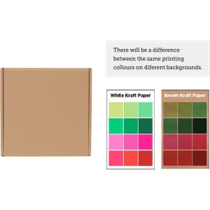 A brown kraft small shipper box displayed with colour swatches for white and brown kraft paper.