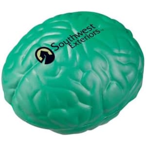 A green brain-shaped stress reliever with a logo on one side, made of soft, squeezable material.