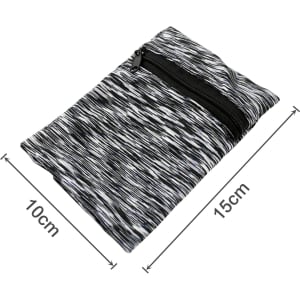 A grey and black patterned mini wallet with a zipper, measuring 10cm by 15cm. It features a logo.