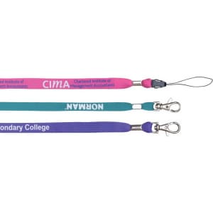 Three bootlace lanyards in purple, turquoise, and pink featuring clips and logos.