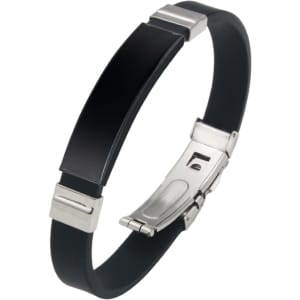 A black metal folding lock clasp bangle featuring silver accents and a sleek design. Includes a logo.