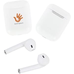 White wireless earbuds with a matching charging case featuring a logo.