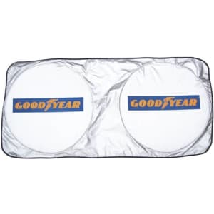A foldable car shade featuring two circular panels in white with a logo design. The edges are silver.