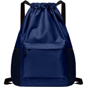 A navy blue multi-pocket drawstring backpack with adjustable straps and a front zippered pocket.