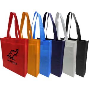 A collection of non-woven bags in red, orange, blue, white, and black, featuring handles and a logo.