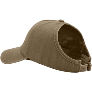 A ponytail top hat in a light brown shade with an open back for ponytails. Features a simple design and branding.