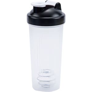 A drink bottle with a clear body, black lid, and white spout, designed for fitness and protein shakes.