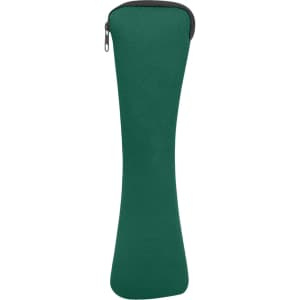 A green zippered pouch designed for storing utensils, featuring a sleek and curved shape.