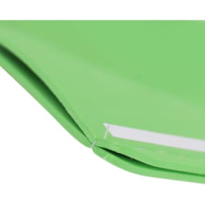 A giant foam hand in bright green, featuring a smooth texture and curved edges. It has a small logo on it.