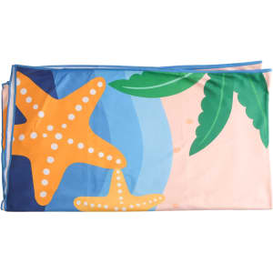 Microfibre beach towel featuring a colourful design with orange starfish and green leaves on a blue and pink background.