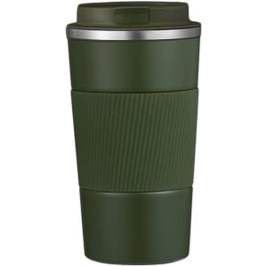 A travel mug in dark green with a textured grip and a metallic lid. Features a logo on the side.