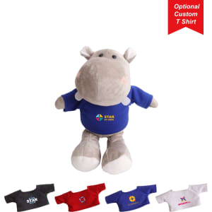 A grey hippopotamus plush toy wearing a blue shirt with a logo, accompanied by various fabric T-shirts in different colours.