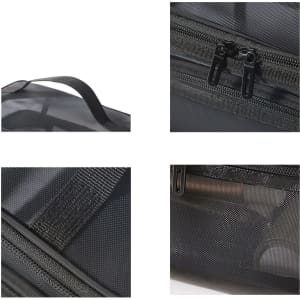 A black nylon mesh sheer double layer cosmetic bag featuring zippers and a carrying handle. It has an integrated brand logo.