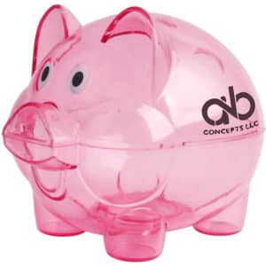 A pink, transparent piggy bank with a smiling face and a logo on its side.