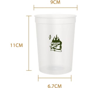 A translucent plastic stadium cup in clear with dimensions displayed, featuring a logo.