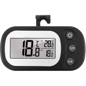 A black and silver ambient thermometer with a digital display showing temperature readings and a hanging hook.