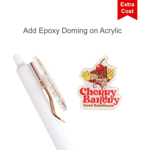 A custom acrylic pen in white with a clear barrel and a decorative logo featuring a bakery theme.