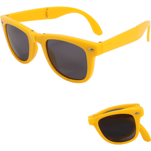 Yellow folding sunglasses with dark lenses, featuring a logo on the side. Ideal for leisure and outdoor activities.