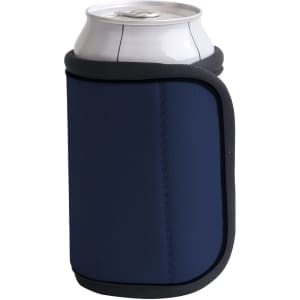A drink bottle holder made of navy blue material with a grey trim, featuring a logo.