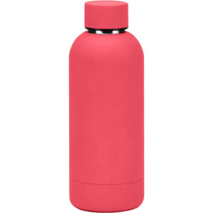 A drink bottle made of recycled stainless steel, insulated, in a coral pink finish, featuring a silver cap and logo.