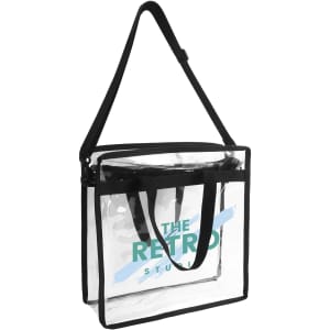 A clear tote bag with a black shoulder strap and handles, featuring a logo on the front.