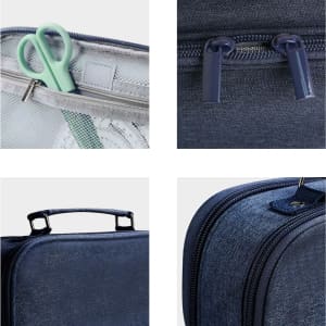 A pencil case in dark blue fabric featuring multiple compartments, a handle, and green scissors inside.