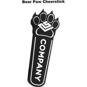 A black cheer stick in the shape of a bear paw, featuring a logo and text along its length.