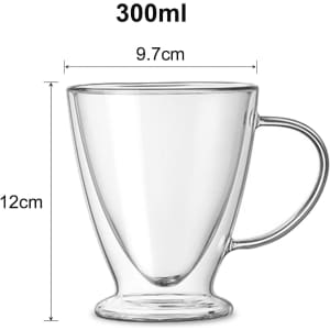 A V-shaped double wall mug made of clear glass, featuring a handle and measuring 300ml in capacity.