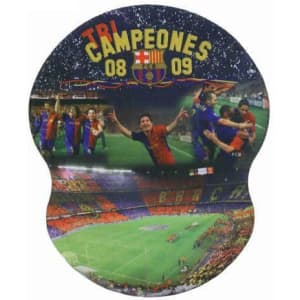 A round mouse mat featuring images of football players and a stadium, showcasing red, blue, and green colours with a logo.