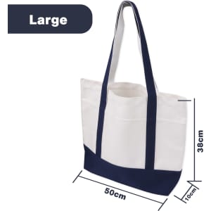 A large canvas tote bag in natural and navy colour, featuring two handles and dimensions of 50cm by 38cm.