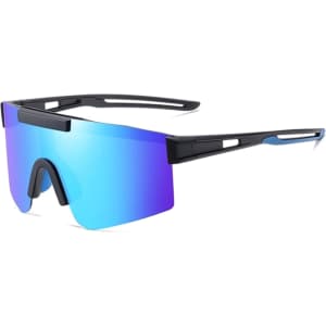 Frameless sports sunglasses with a sleek black frame and large blue gradient lenses. Features a logo on the frame.