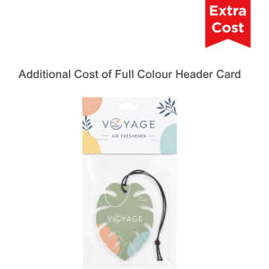 A leaf-shaped car air freshener in green and pastel colours, packaged with a header card and a hanging string.