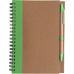 Kraft notebook with a green spine and matching ballpoint pen, featuring a spiral binding.