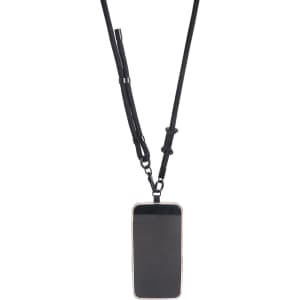 An adjustable black lanyard holds a smartphone, featuring a sturdy attachment with clips.